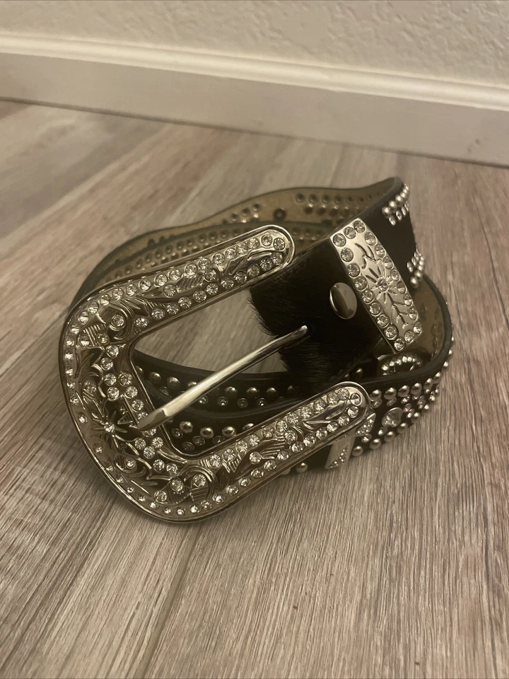 Cinturón Nocona Y2K Rockabilly ~ Cristal Estrás y Cruces Cuero Cuero Vaca S-M Foto 3 de 4