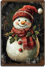 Aluminum Metal Sign Snowman with a red hat and scarf rustic Tin Metal Signs