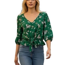 Sienna Sky Women's Peplum Top S Green Floral Print Tie Crop Ruffle 3/4 Sleeve