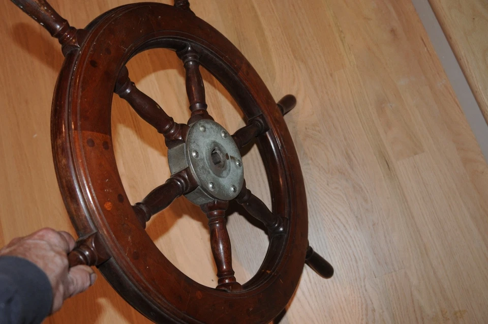 Vintage Wood Boat Ships Wheel Captions Helm Nautical Marina 27" Maritime Six Han - Image 3 of 4