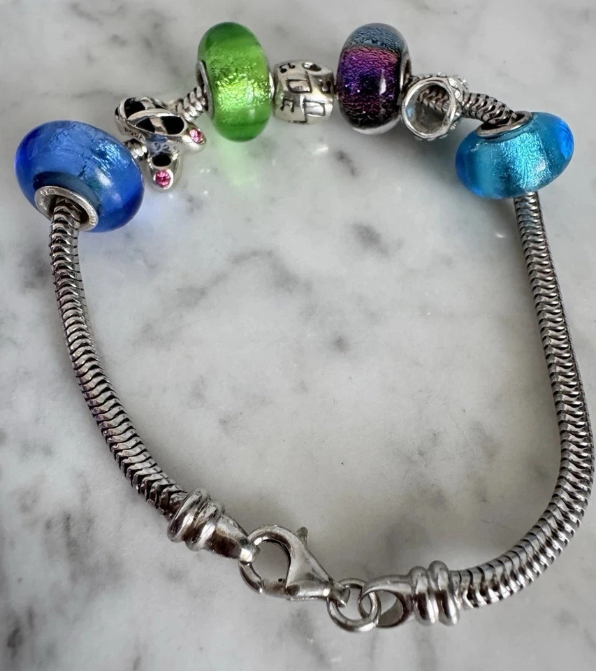 Pulsera de cuentas con dije deslizante de plata esterlina 925 IBB y PGDA - 7 dijes 8" - 27,47 g Foto 4 de 4