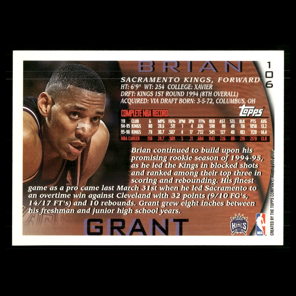 Brian Grant #106 1996-97 Topps Sacramento Kings Basketball Card NBA - Image 2 of 3