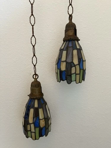 Vintage Pair Tiffany Style Pendant Light Fixtures Hanging Lamps Stained Glass