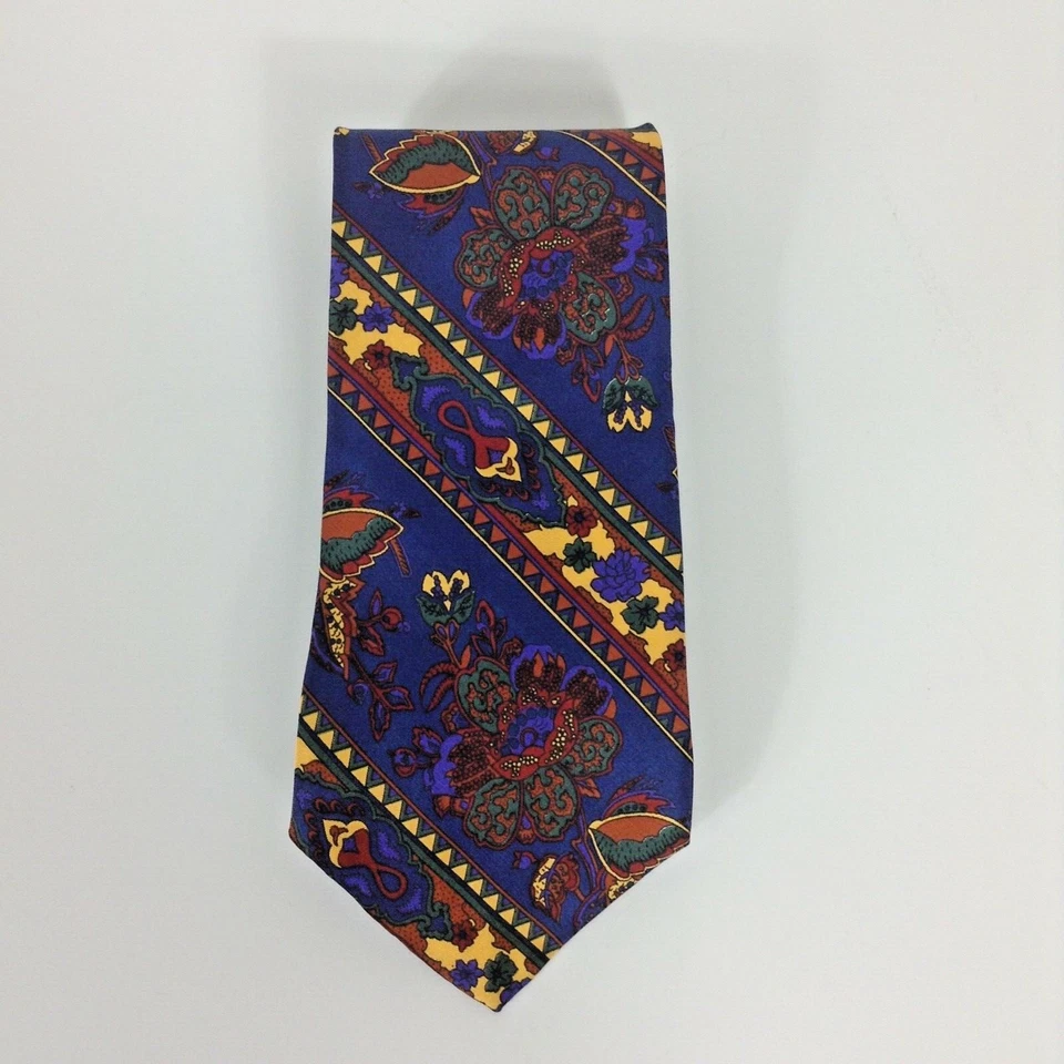 Gap Necktie 100% Silk Indigo Blue Butter Yellow Brick Red Floral Made in USA - Image 2 of 4