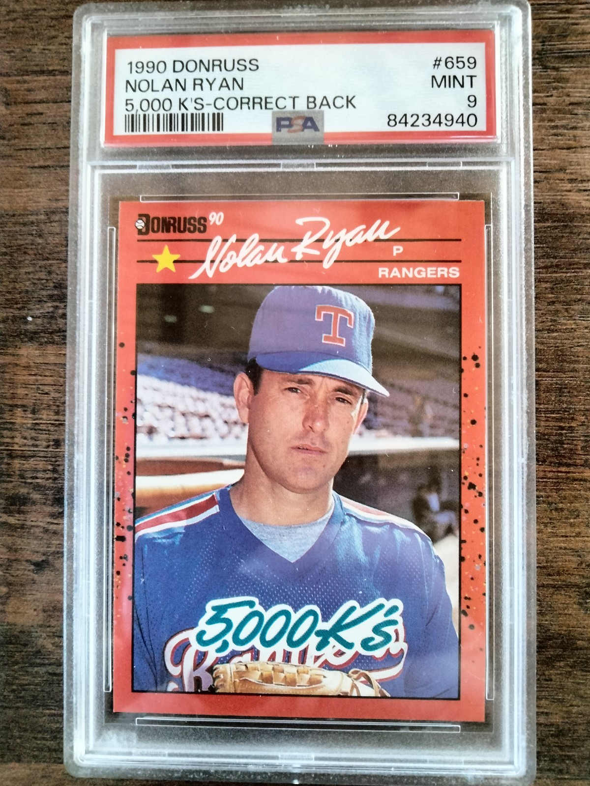 1990 DONRUSS NOLAN RYAN 5,000 K's - CORRECT BACK PSA 9