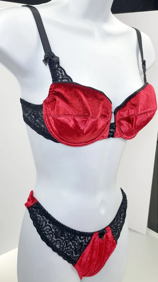 Sujetador Rene Rofe Rojo Terciopelo Negro Encaje 34B + M (6) Panty Pierna Alta De Colección Años 90 Foto 2 de 4