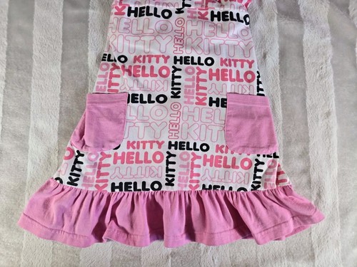 Hello Kitty Sanrio Girls White Short Sleeve Shirt Ruffle Hem Logo Dress Pink 4 - Picture 4 of 18
