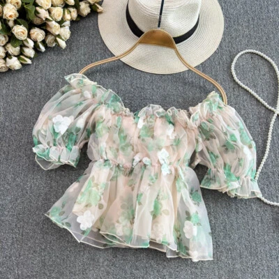 Damen Schulterfrei Blumen Chiffon T-Shirt Kurzärmelig Gekürzt Top Bluse Rüschen - Bild 1 von 4