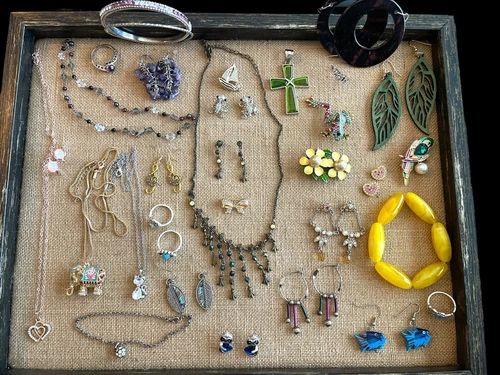 VTG LOT 1928 Jewelry Set Etc RHINESTONE Animals Semi Precious Stones Wood Silver