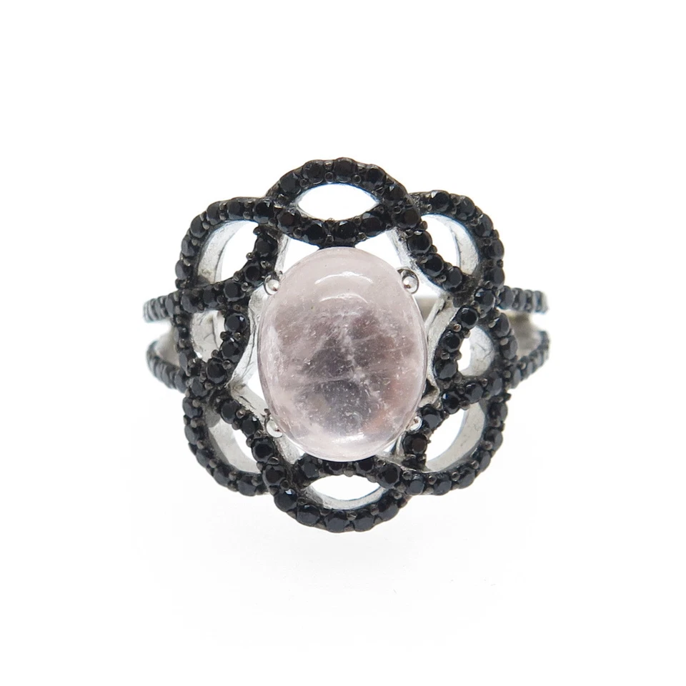 Anillo Floral Plata Esterlina 925 Cuarzo Rosa Real y Espinela Negra Talla 5 Foto 3 de 4