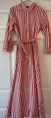 ZARA WOMAN RED IVORY STRIPE BELTED COTTON SUMMER MIDI DRESS Size M  UK