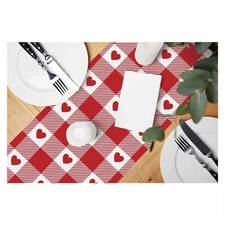 Table Runner Romantic Red Hearts Gingham PatternCotton Linen Table Runner Dec...