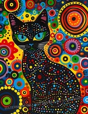 Black Cat Animal Abstract Whimsical Modern Pointillism Dot Art Print 8.5X11