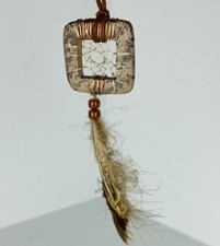 Native American pendant necklace Clay Copper Beaded Feathers Leather