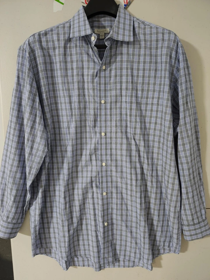 Robert Brackett Shirt Mens 17 Blue Dress Long Sleeve Button Plaid Checker Cotton - Image 2 of 4