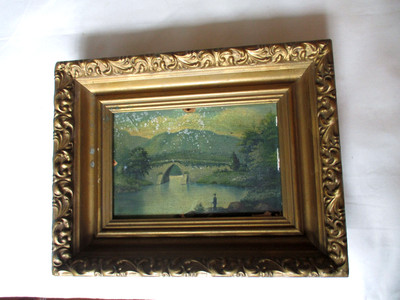 Antique Irish Oil on Board Country Bridge & Man Walking in Original Ornate Frame