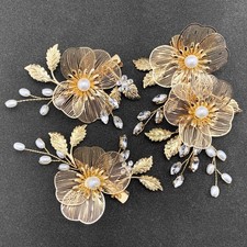Bridal Gold Hair Clips Crystal Pearl Gold Metal Flower Leaf Hair Pieces Acces...