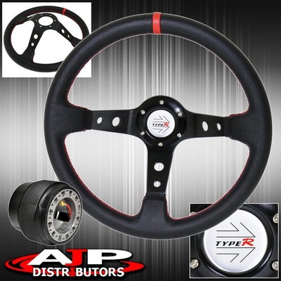 For 89-05 Eclipse 350mm Deep Dish Black Steering Wheel Red Stitching + Adapter