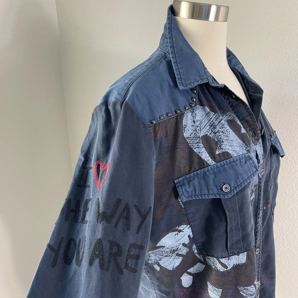 Desigual Disney Shirt Womens XL Blue Mickey Mouse Minnie Mouse Studded Button Up - Image 2 of 4