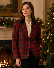 Sag Harbor Blazer Jacket Womens 14/16 Red Tartan Plaid Wool Blend Vintage