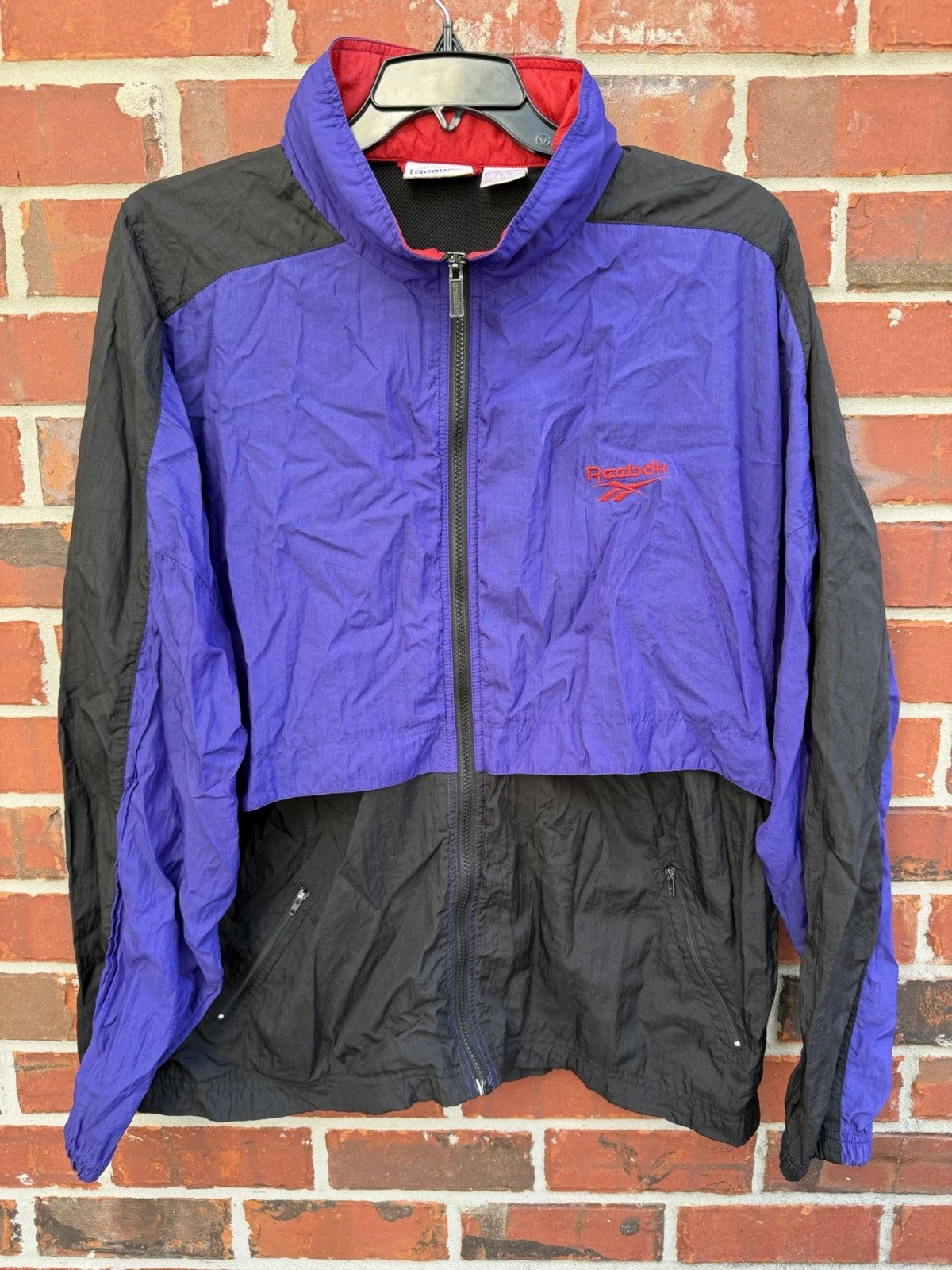 Vintage Reebok Black Purple XL Full Zip Hooded Lightweight Jacket Windbreaker M8
