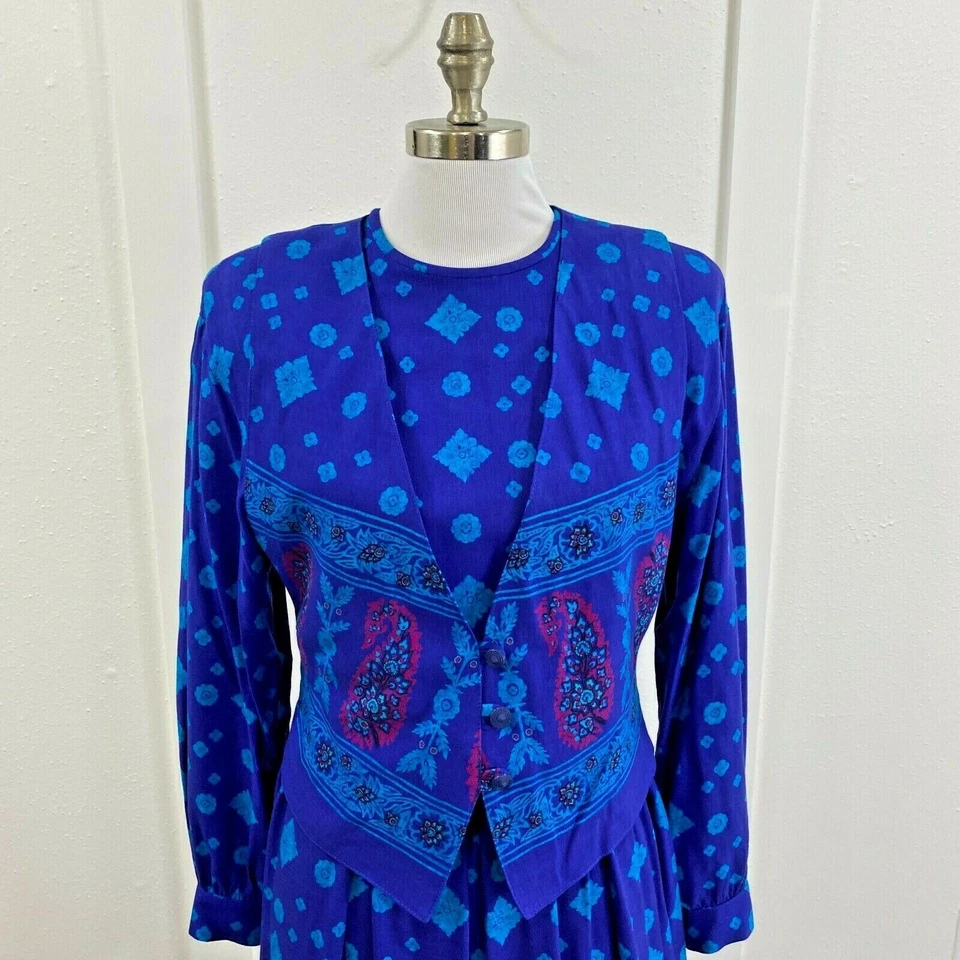 Vestido para mujer California Design Dorothy Samuel talla 6 chaleco púrpura estampado cachemira Foto 2 de 4