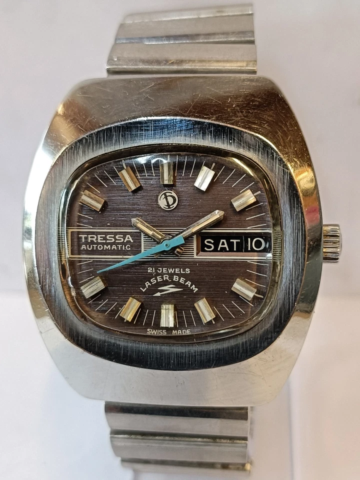 RAYO LÁSER TRESSA 21 JOYAS AUTOMÁTICO ESFERA MARRÓN 258 SUIZO HOMBRE FUNCIONANDO Foto 2 de 4