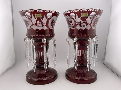 well matched pair of czech bohemian Egermann ruby lusters with prisms