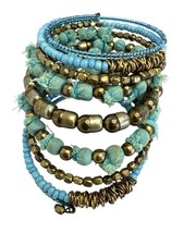 Boho Chic Turquoise  Gold Multi-Layer Coil Bracelet With Beads