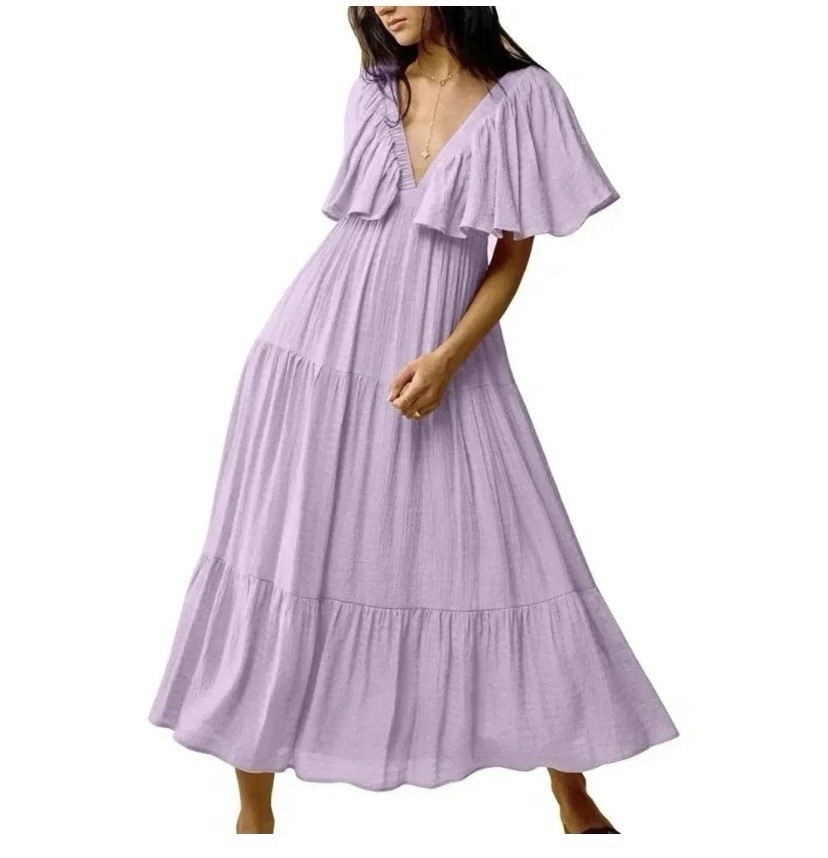 flowy light purple dress Leely Women Lilac Off the Shoulder Ruffled Long Formal Dress Chiffon Flowy Wedding Guest Dress