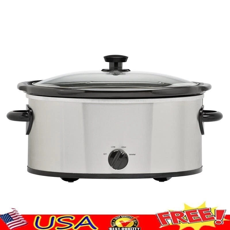 6 Quart Slow Cooker Stainless Steel Glass Lid Tempered Control Easy Clean New