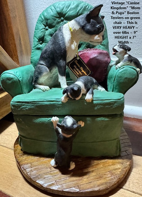 Vintage (FAV) Boston Terrier Mom & Pups in Green Chair (still has ORIGINAL tag)