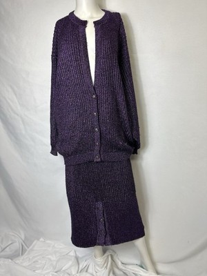 VINTAGE MALINA WONG PURPLE 2 PIECE/METALLIC SWEATER SKIRT SET STUNNER  L/XL