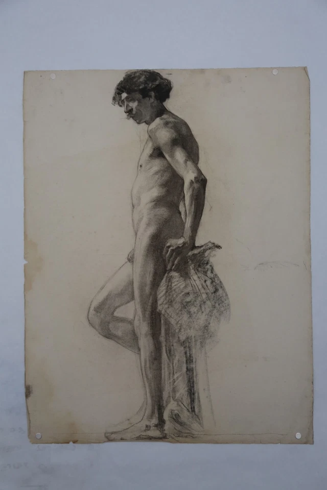 Antique French Nude Male Academic Figure Drawing. - Image 2 of 4