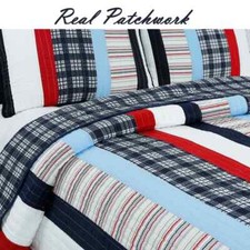 BEAUTIFUL CLASSIC BLUE RED NAVY WHITE STRIPE CABIN PLAID REVERSIBLE QUILT SET