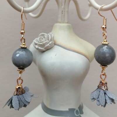 Ohrringe Silber 925 Achat und graue Blume
