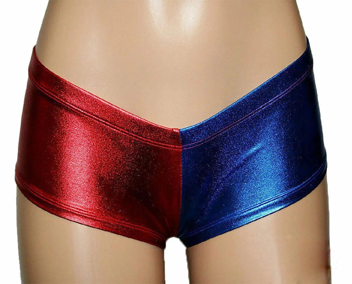WOMENS RED BLUE METALLIC SHORTS LADIES RED BLUE HOT PANTS KNICKERS COSTUME