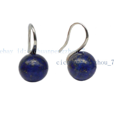 Natural 6mm 8mm 10mm Blue Lapis Lazuli Gemstone Dangle Silver Hook Earrings AA