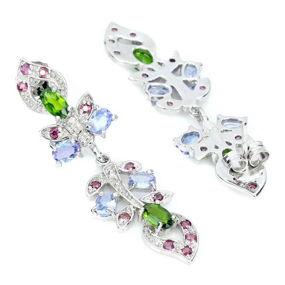 Pendientes de plata de ley 925 ovalados cromo diopsido rodolita piedras preciosas joyería Foto 3 de 4