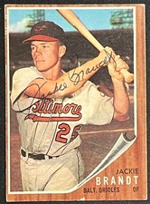 1962 TOPPS JACKIE BRANDT AUTHENTIC AUTO ORIOLES #165 HISTORICAL GRAPHS