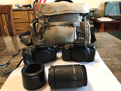 Lot Of 2 Canon Film Cameras EOS 750 QD & 750 + Tamron Zoom + Hood & Bag, Tested