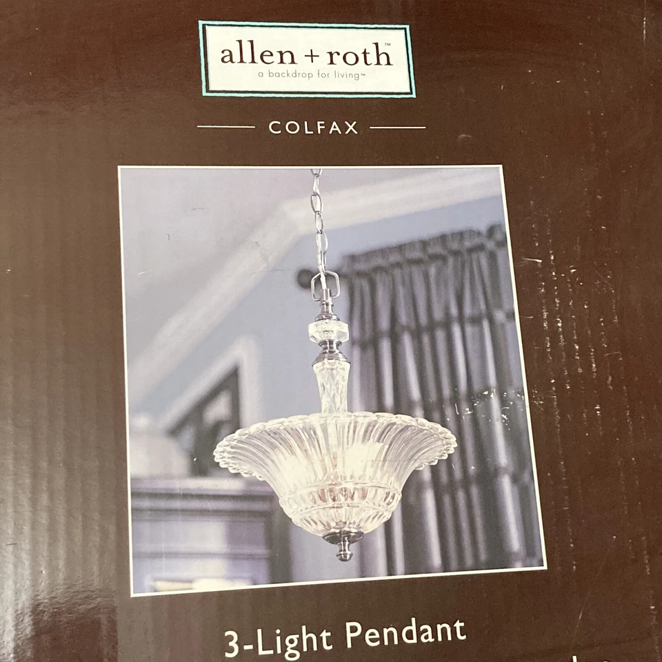 Allen Roth COLFAX 3-Light Pendant Polished Pewter Crytal Glass Shade Lighting - Image 2 of 4