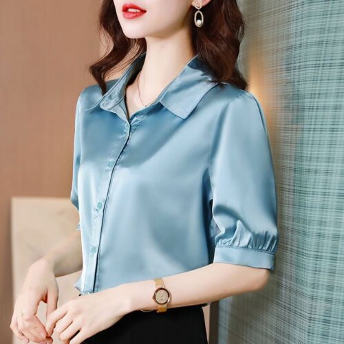 Women Satin Shirt Blouse Faux Silk Short Sleeve Button Up Office Ladies Top - Picture 1 of 16