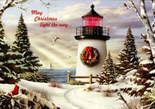 Lighthouse on Winter Path Red Farm Studios Coastal Christmas Card