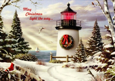 Lighthouse on Winter Path Red Farm Studios Coastal Christmas Card