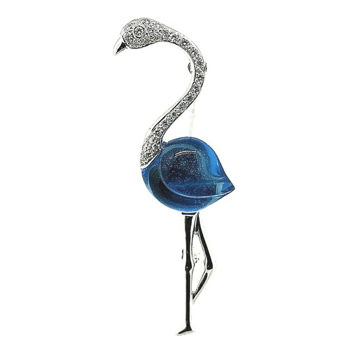 18 Kt White Gold Blue Topaz & Diamond Flamingo Pin