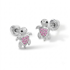 CZ Turtle Kids / Girls Earrings Screw Back Cubic Zirconia Fun - Sterling Silver