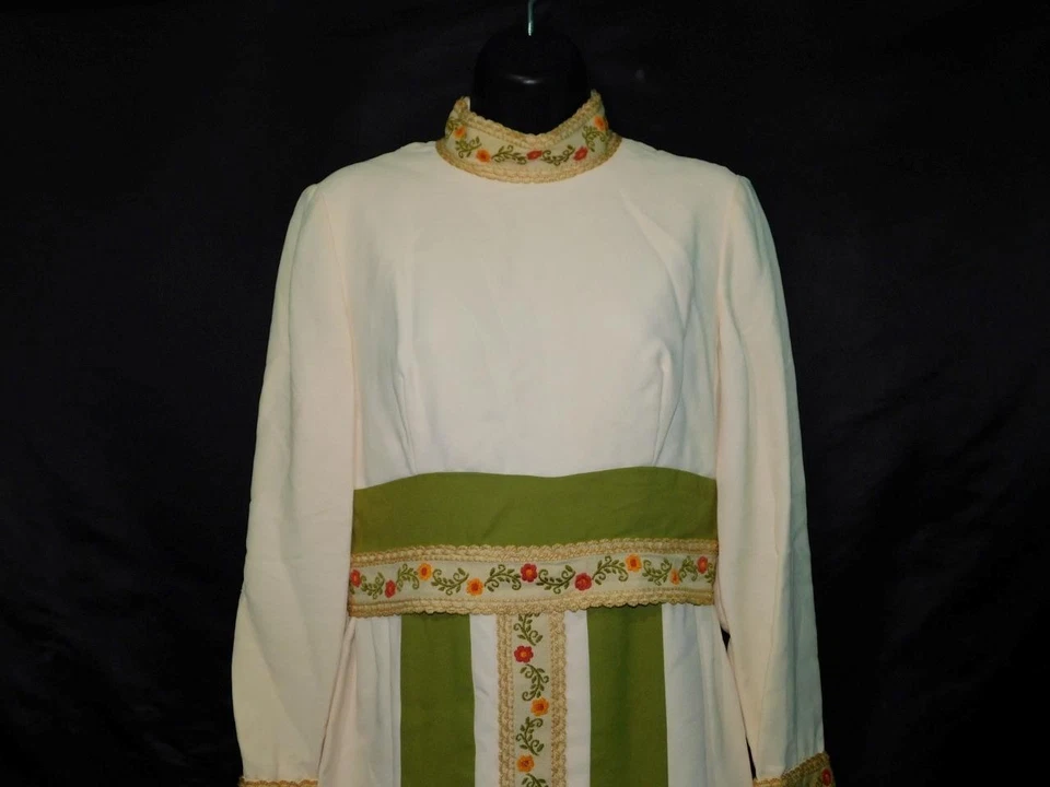 Maxi Vestido Vintage Años 60 Sandine S Crema Blanco Verde Naranja Floral Étnico Hippie S Foto 2 de 4