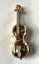 Spilla violino vintage in cristallo placcato oro anni 90 6 cm x 3 cm 
