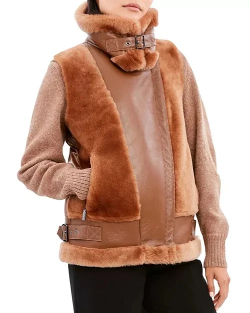 NEW, Dawn Levy Maya Mixed Media Shearling Trim Moto Vest in Brown SZ XS #SJ1853 - Image 4 of 4